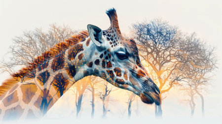 Giraffe in double exposure and forestの素材