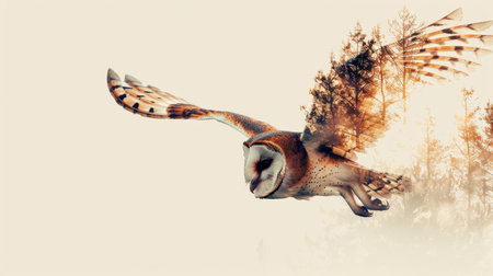 Double exposure of barn owl with pine treeの素材