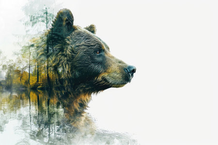 Double exposure Bear against the background of a coniferous forestの素材