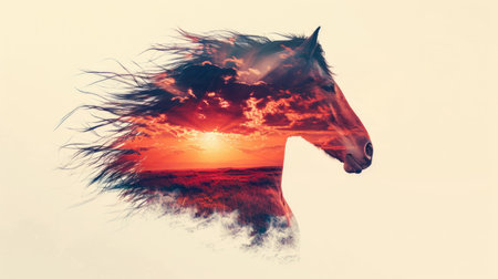 Double exposure of horse with sunrise and grassの素材
