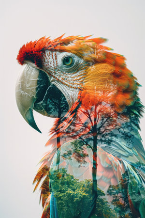 Double exposure of a macaw in the rainforestの素材
