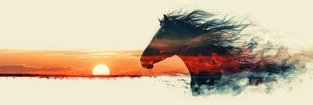 Double exposure of horse with sunrise and grassの素材