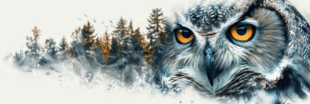 Double exposure of mystical owl with winter forestの素材