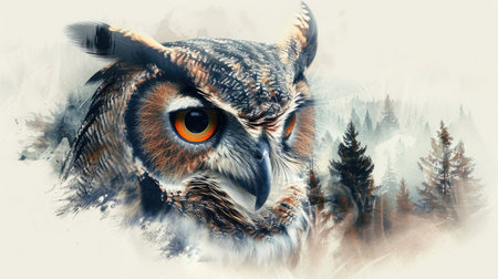 Double exposure of mystical owl with winter forestの素材