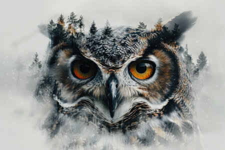 Double exposure of mystical owl with winter forestの素材