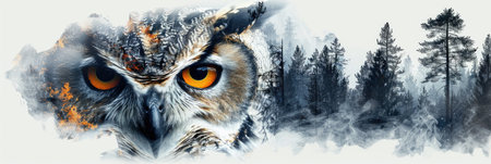 Double Exposure of an Owl in a Snowy Forestの素材