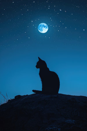Cat Silhouette Against Full Moonの素材