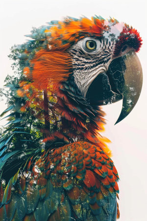 Double exposure of a macaw in the rainforestの素材
