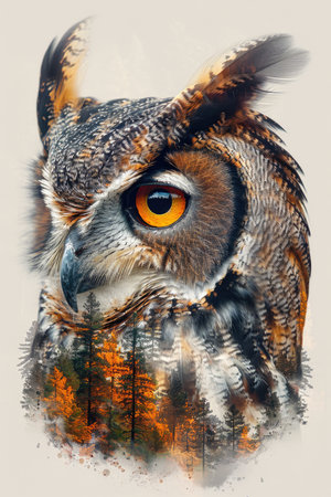 Double exposure of mystical owl with winter forestの素材