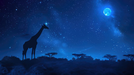 Giraffe Silhouette with Cosmic Sky Backgroundの素材