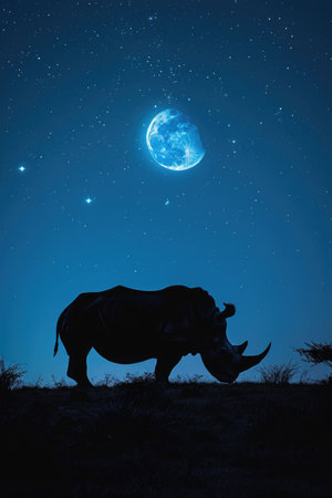 Rhinoceros Silhouette Under a Star-Scattered Skyの素材