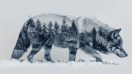 Wolf with Snowy Pine Trees Double Exposureの素材