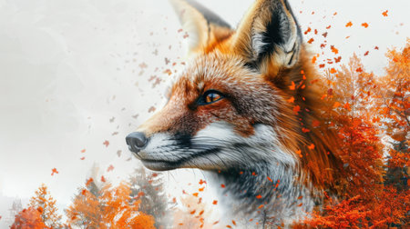Fox with Fall Foliage Double Exposureの素材
