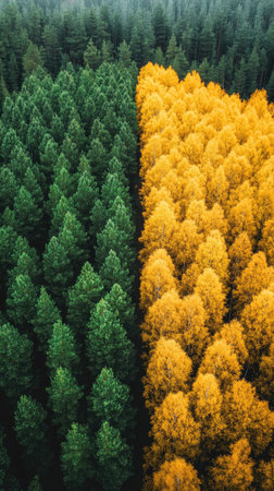 Autumn Forest Divided by Green and Yellow Trees in Perfect Symmetryの素材