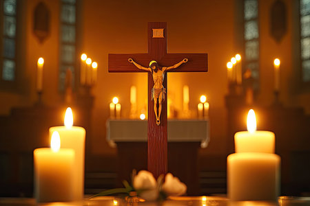 Wooden Cross with Crucifix and Candles in Churchの素材