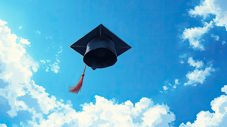 Graduation Cap Soaring in the Sky with White Cloudsの素材