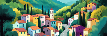 Colorful Village in Hillside Landscapeの素材