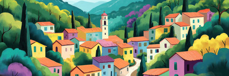 Colorful Village in Hillside Landscapeの素材