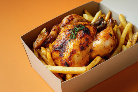 Roasted Chicken and Fries in Takeaway Boxの素材