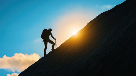 Silhouette of a Mountain Climber at Sunriseの素材