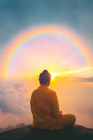 Buddha statue in meditation with rainbow and clouds in the skyの素材