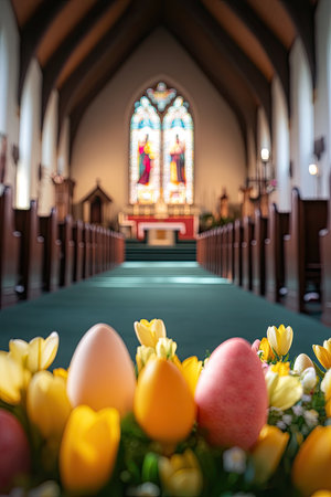 Colorful Easter eggs inside a church with stained glass windowsの素材
