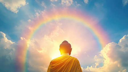 Serene Buddha statue with a rainbow background and glowing haloの素材