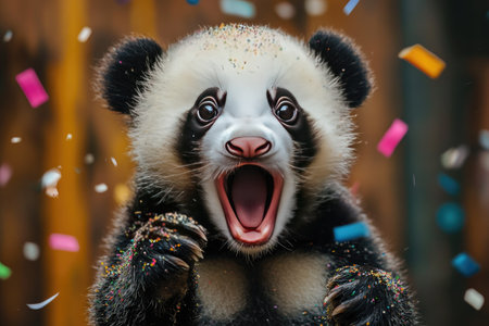 Happy Baby Panda with Confetti Celebrating Joyfullyの素材