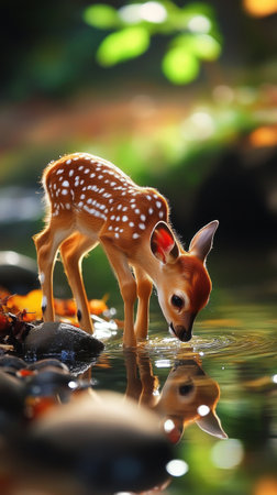 Adorable fawn standing near the edge of a forest stream with soft green foliageの素材