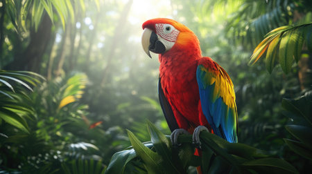 Scarlet Macaw in Sunlit Tropical Forestの素材