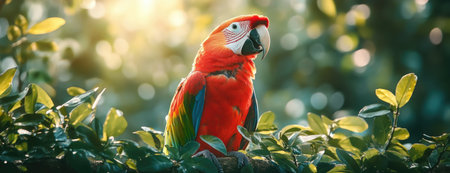 Vibrant Scarlet Macaw Perched Among Green Foliageの素材