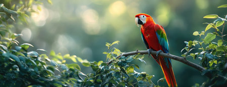 Vibrant Scarlet Macaw Perched Among Green Foliageの素材