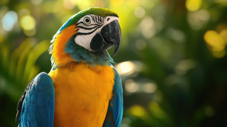 Scarlet Macaw with Beautifully Detailed Plumage Against a Soft, Bokeh Background in Tropical Settingの素材