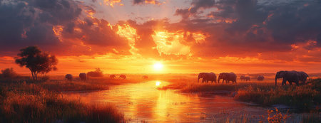 Elephants Silhouetted Against a Vibrant Sunset, Reflected in Water at a Tranquil African Savannahの素材