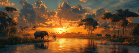 Elephants Silhouetted Against a Vibrant Sunset, Reflected in Water at a Tranquil African Savannahの素材