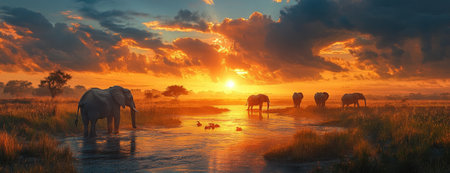 Elephants Silhouetted Against a Vibrant Sunset, Reflected in Water at a Tranquil African Savannahの素材