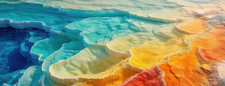 Colorful Terraced Hot Springs at Sunset with Vibrant Pink and Blue Mineral Deposits, Highlighting Unique Geological Formationsの素材