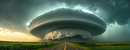 Massive Tornado Descending from Dark Thunderclouds in Open Green Fields, Capturing the Intensity of a Natural Disasterの素材