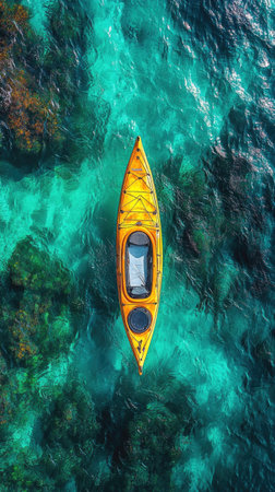 Bright Yellow Kayak on Crystal Clear Turquoise Waters by a Rocky Shore - Aerial Nature Landscapeの素材