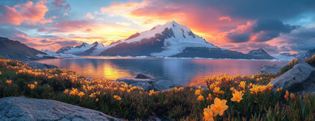 Bright Yellow Alpine Flowers in the Foreground with a Stunning Mountain Lake and Snow-Capped Peaks at Sunsetの素材
