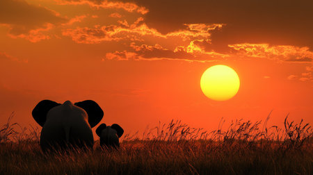 Elephants Watching Sunset in African Grasslands with Vibrant Orange Skyの素材