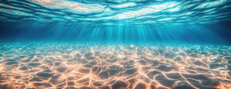 Sunlight Rays Penetrating Clear Ocean Water with Rippling Sand Belowの素材