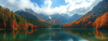 Crystal Clear Mountain Lake with Autumn Trees and Towering Peaks Reflected in Calm Waterの素材