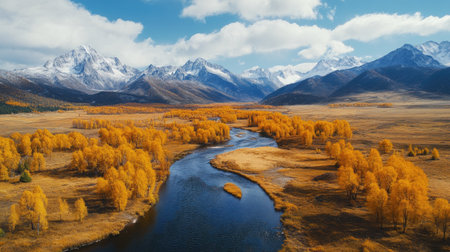 Golden Autumn Trees by a Calm River with Majestic Snowy Mountains in the Backgroundの素材