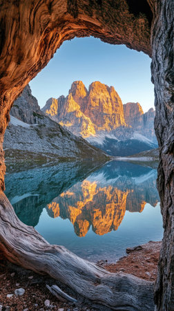 Majestic Sunrise Over Alpine Lake with Golden Peaks Framed by Tree Archの素材