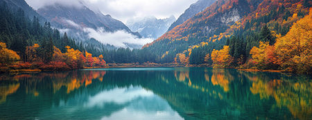 Crystal Clear Mountain Lake with Autumn Trees and Towering Peaks Reflected in Calm Waterの素材