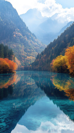 Vibrant Autumn Forest Reflected in Calm Mountain Lake with Misty Peaksの素材