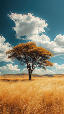 Sunset Over African Grasslands with Solitary Acacia Tree and Rolling Hillsの素材