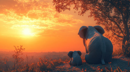 Majestic Elephants at Sunset in the African Wilderness with Vibrant Orange and Red Skyの素材