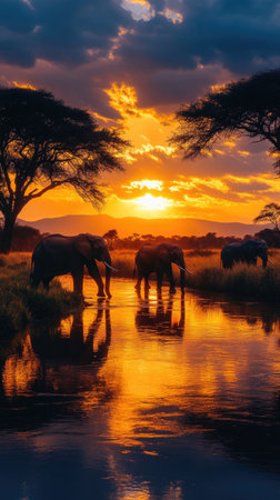 Elephants Silhouetted Against a Vibrant Sunset, Reflected in Water at a Tranquil African Savannahの素材